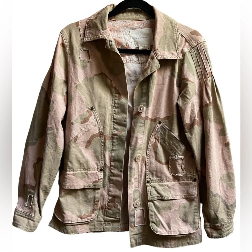 Anthropologie Lida Utility Camo Fringe Jacket Green Pink Boho Shacket Sz XS